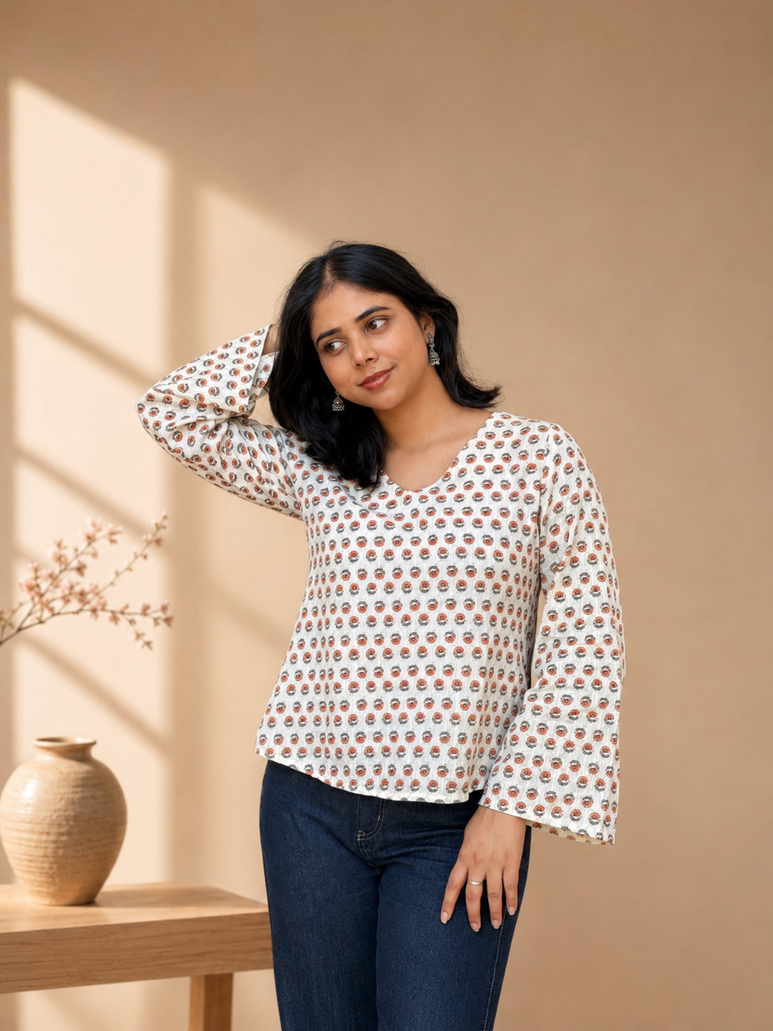 Print Bell Sleeve Cotton Top