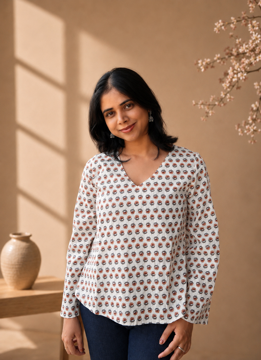 Print Bell Sleeve Cotton Top
