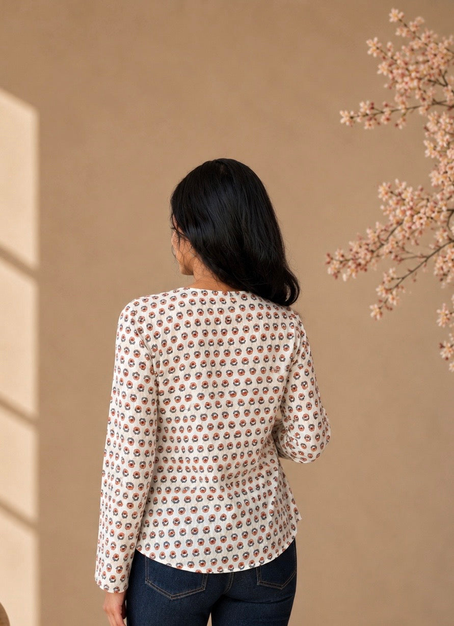Print Bell Sleeve Cotton Top