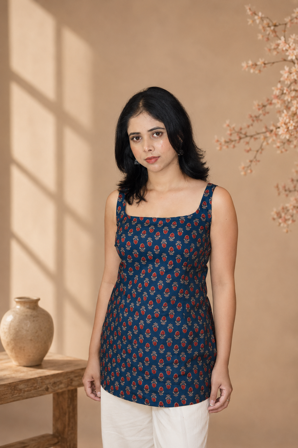 Square Neck Deep Back Pure Cotton Kurti