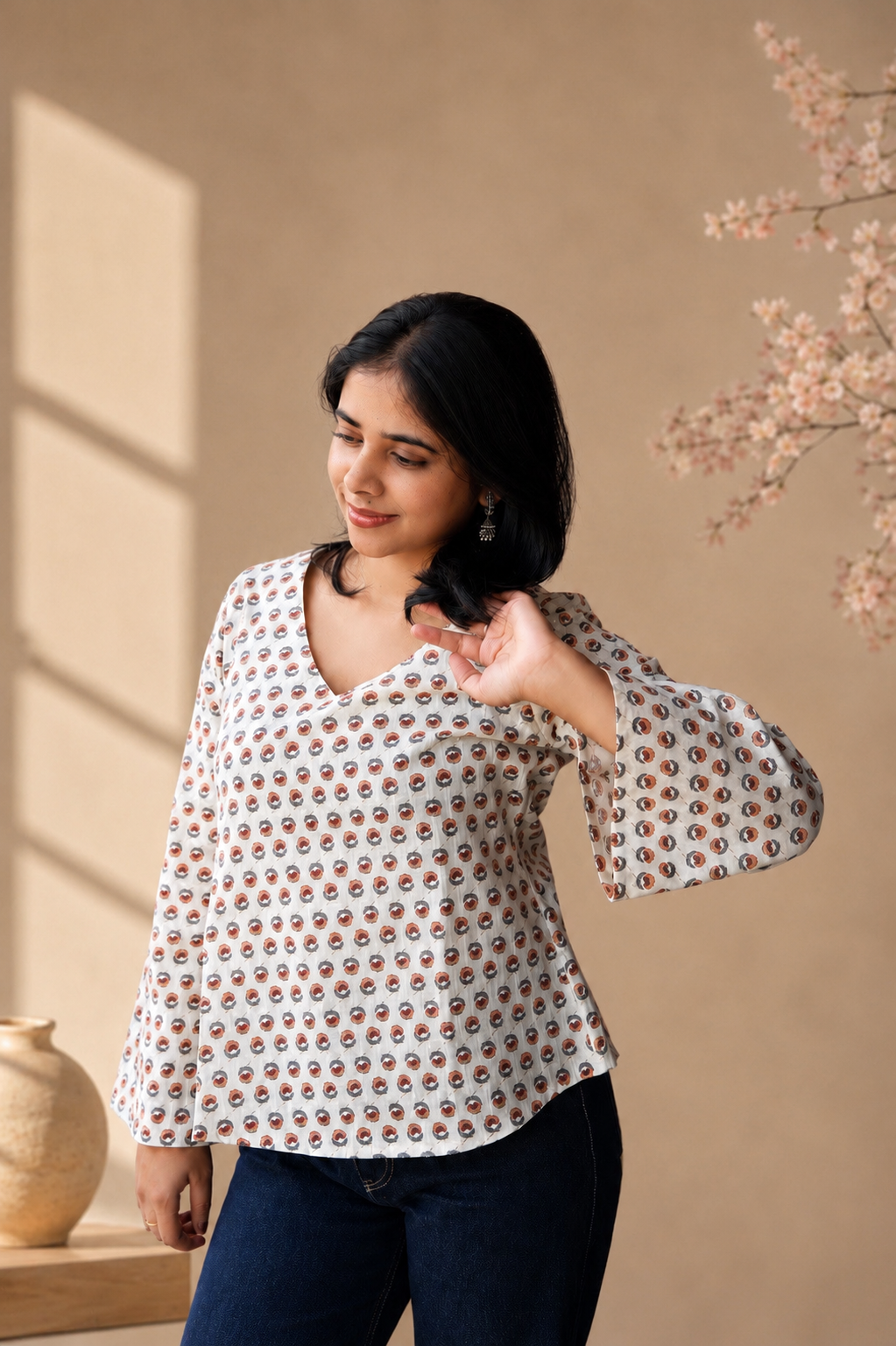 Print Bell Sleeve Cotton Top